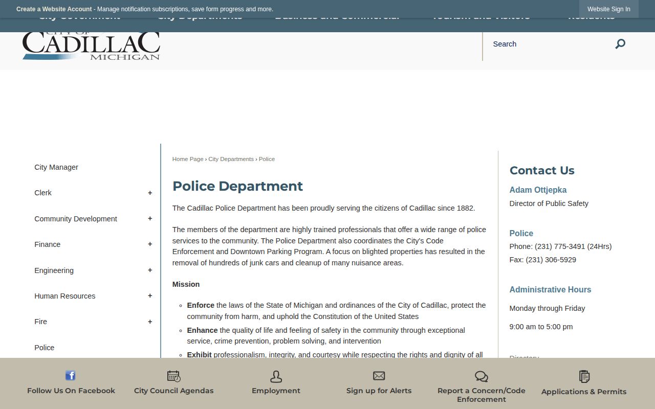 Captured official Cadillac Police Department contact page
