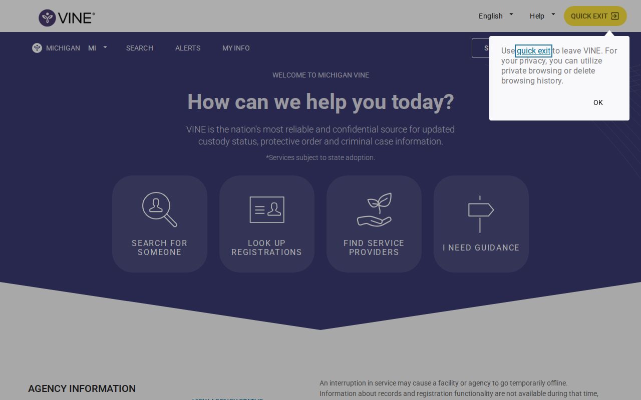 Michigan VINELink state and county custody search interface